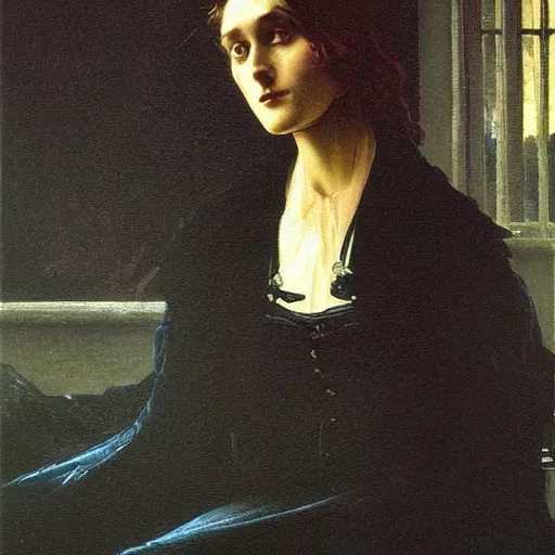 Image similar to A beautiful victorian woman, gothic dress, flowing hair, oil painting, portrait, dramatic lighting, masterpiece, painted by Caspar David Friedrich