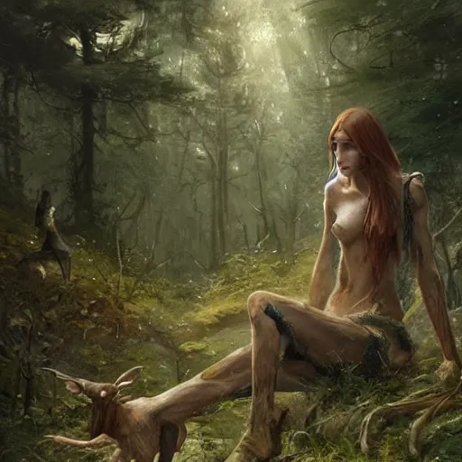 Image similar to 'portrait of a wood-elf surrounded by animals in the woods, art by Greg Rutkowski, 4k'