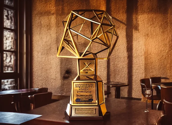 Image similar to a reflective geometric polyhedral steel engineering trophy at a high end bar in a medieval themed castle in golden afternoon light, professional food photography