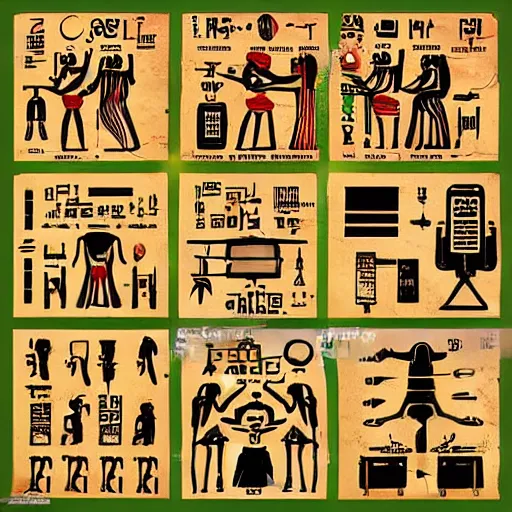 Prompt: Hieroglyphics depicting modern smartphones, PC gamers, modern technology and aliens photorealistic