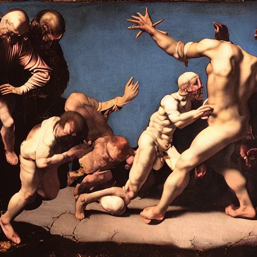 Prompt: god punishing a sinner in the abysm of a dark and cold hell, cold and blue picture, demons around looking for, caravaggio style, dante's inferno