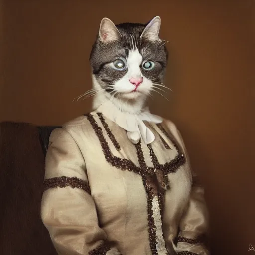 Image similar to portrait of a cat dressed as the queen of england, photorealist, 4 k