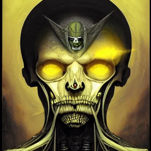 Image similar to ( ( ( head and shoulders portrait of a skeletal yellow skinned bald githyanki warrior in a breastplate, floating in the astral plane ) ) ), dave mckean, hr giger, peter mohrbacher, d & d, fantasy, medieval