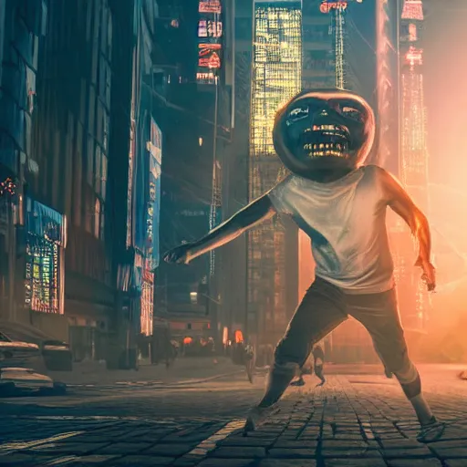 Prompt: people running away scared from a giant with bitcoin head, cinematic, cyberpunk art, hyper-realistic, cryptocurrency, 8k