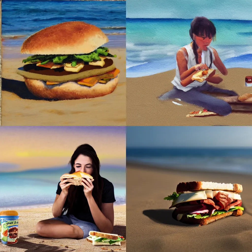 Prompt: zamenholf eating a sandwich on the beach, photorealistic