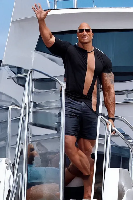 Prompt: dwayne johnson waving to his fans while leaving the united states using a luxurious yacht
