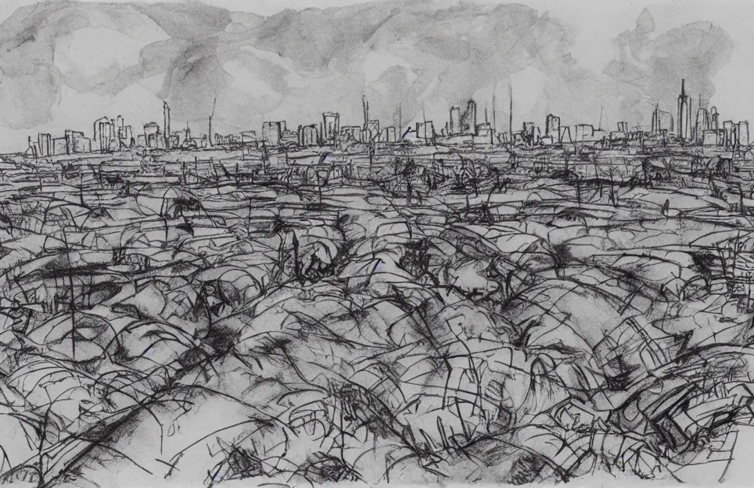 Image similar to milt kahl sketch of world war 1 trenches with the city of miami in the background