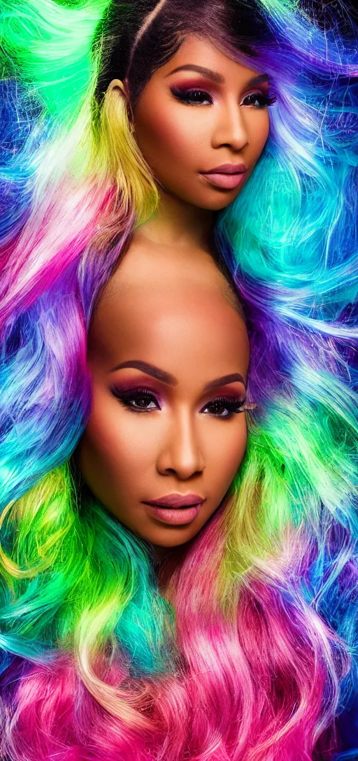 Prompt: nicki minaj, glowing hair, 8 k, cinematic light shadows, wet hdr refractions