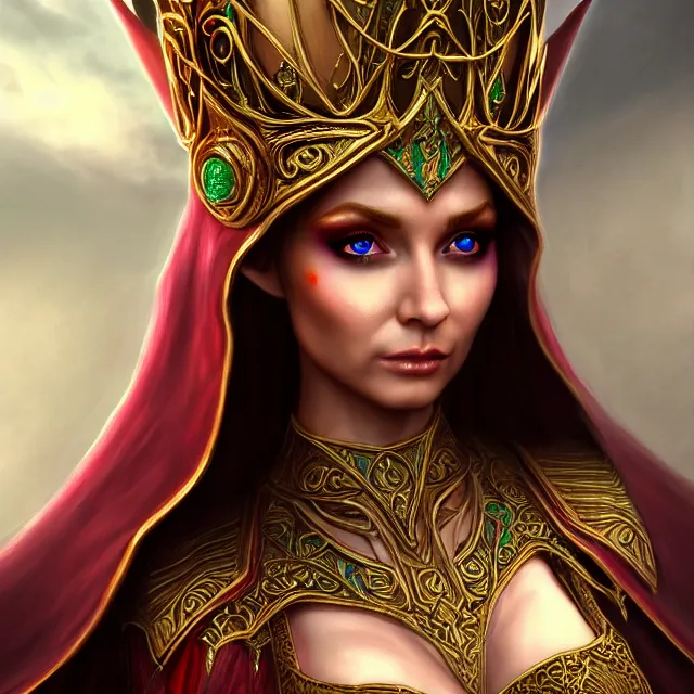 Prompt: beautiful elf queen in ornate robes, highly detailed, 8 k, hdr, award - winning, trending on artstation, anne stokes, photorealistic