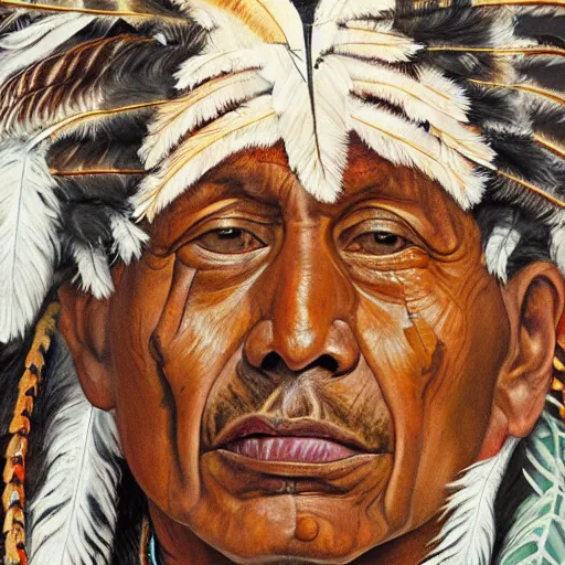 Prompt: high quality high detail painting by lucian freud, hd, full body of a indigenous tribe leader with a lot of feathers, photorealistic lighting