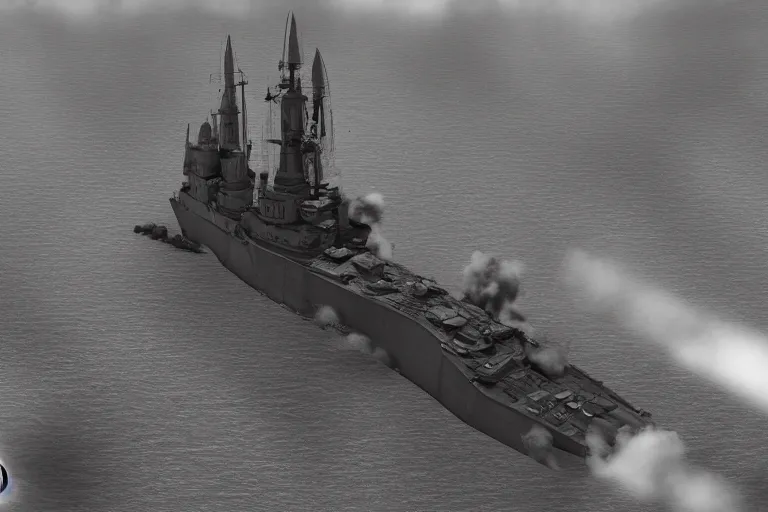 Prompt: dieselpunk battleship rolling onto its side, capsizing, clouds of smoke, bird's eye view, wide shot, 4k high res, 120 black and white film