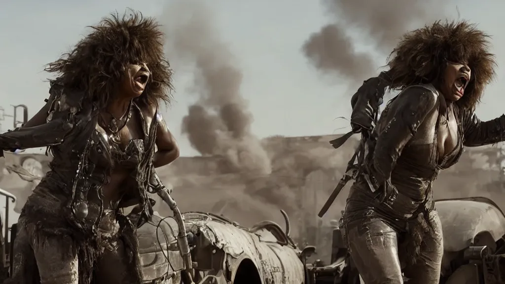 Image similar to tina turner in mad max with dirty ( hyperdetailed face ) riding a cyberpunk steam train, dystopian landscape, rail waggons, cyberpunk, hyperdetailed, 8 k, black smoke, oscar movie shot, cinematic