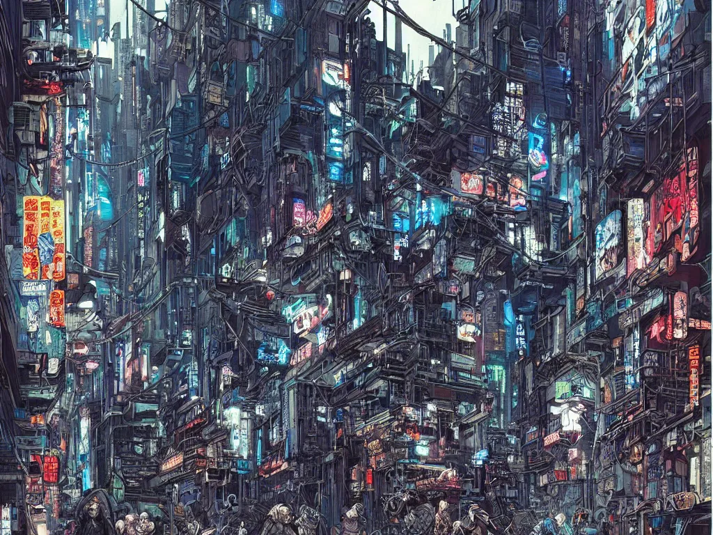 Prompt: a cyberpunk gang in the alleyway of a lofty city, gritty, cyberpunk ads, piping, cables, art deco architecture, graffiti, fine detail, intricate, polished, blue color scheme, digital art, illustration, by john smith and noriyoshi ohrai and tsutomu nihei