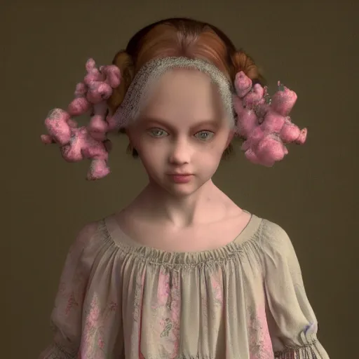 Image similar to 8 k, octane render, realism, tonalism, renaissance, rococo, baroque, cotton candy, portrait of a creepy young lady wearing long 7 0 s babydoll dress with flowers and skulls