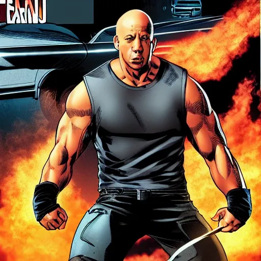 Prompt: Vin Diesel as a comic book hero fighting off evil,, 4k, comic book cover