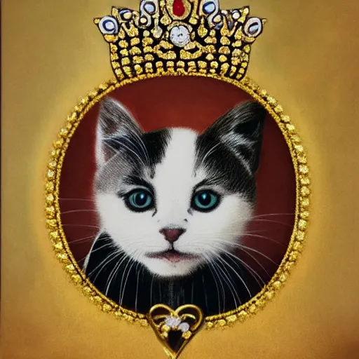 Prompt: a kitten emperor adorned in jewels. hyper realistic, king, gold crown, portrait