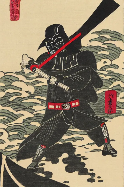 Image similar to Japanese woodblock print of Darth Vader holding a samurai sword , Hokusai