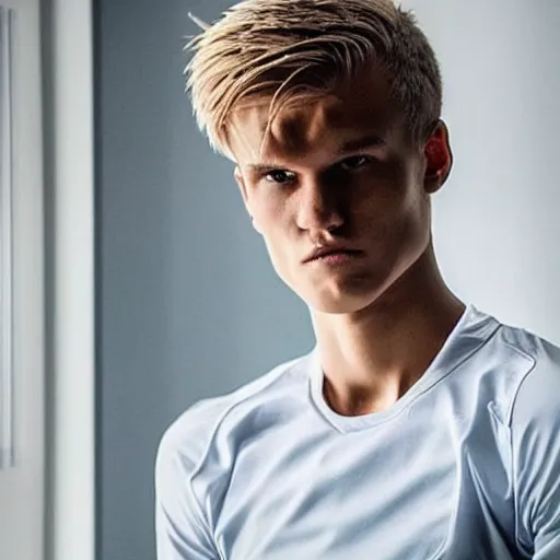 Image similar to a realistic detailed photo of a guy who is an attractive humanoid who is half robot and half humanoid, who is a male android, soccer player martin ødegaard, shiny skin, posing like a statue, blank stare, in a living room, on display, showing off his muscles