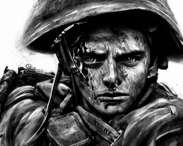 Image similar to A soldier in despair in a world war 1 trench, close-up, realistic face, beautiful face detail, black and white, amazing digital art, hyper detailed, artstation, in the style of Tony Sart