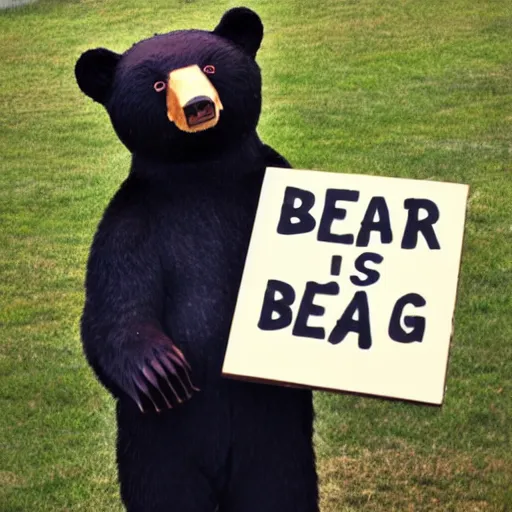 Image similar to ! bear! holding a sign that says bear, 5 0 mm lens, bokeh, good lighting