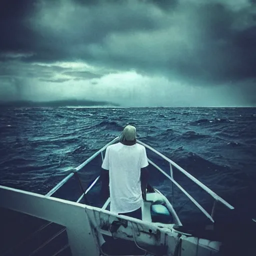 Prompt: “lost man on a boat trying to find his way back home in the middle of the ocean, cartoonish, sad setting, rainy, stormy”