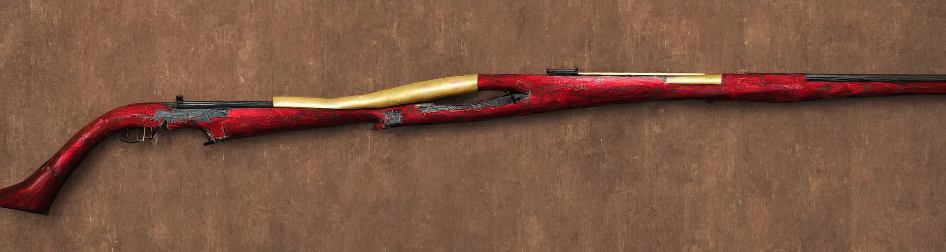 Image similar to a shotgun made from glossy red - painted wood and elements of gold metalwork