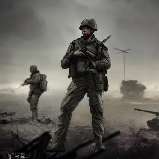 Image similar to A modern British PMC in gray uniform smoking a cigarette surrounded by destroyed enemy vehicles, by Feng Zhu, highly detailed, excellent composition, 2022, war photography, cinematic concept art, dramatic lighting, trending on ArtStation