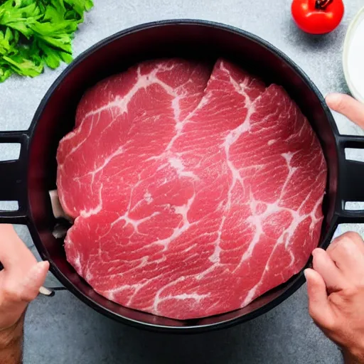 Prompt: a pot full of raw meat being mixed up, pov, 4 k