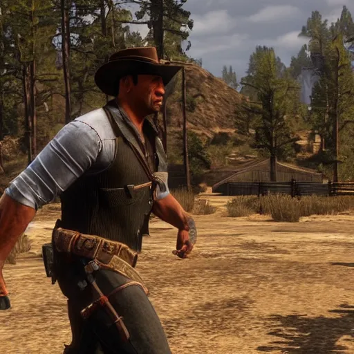 Image similar to dwayne the rock johnson as red dead redemption screenshot from red dead redemption