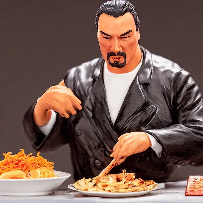 Image similar to detailed figure of steven seagal from asian connection flipping over a table of food, first 4 figures, diorama, detailed product photo