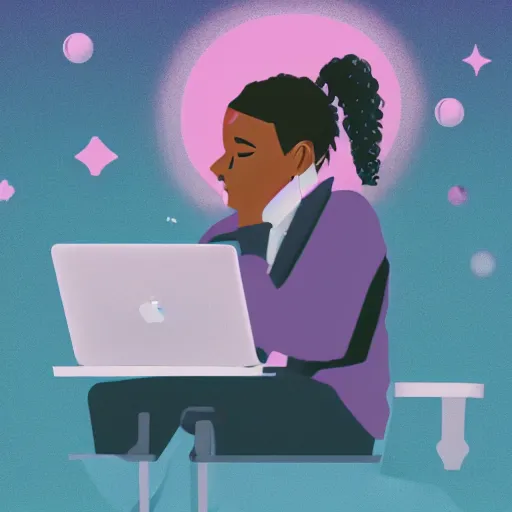 Image similar to fantasy image of lightskinned black man with short hair sitting at a desk, using a macbook, dreamy, pastel, digital illustration, intricate details