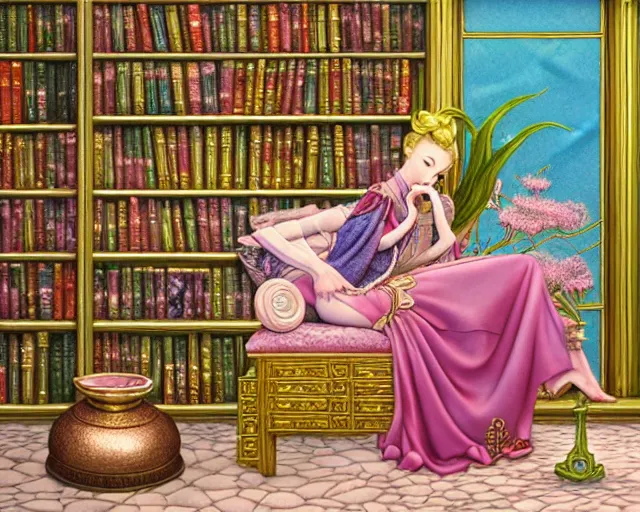 Prompt: a detailed fantasy pastel of a woman wizard in ornate clothing lounging on a purpur pillow on the marble floor in front of her bookcase in a room, reading an ancient tome. to the side is a potted plant, moody light. ancient retrofuturistic setting. 4 k key art. raytracing, perspective, by chie yoshii and casey weldon