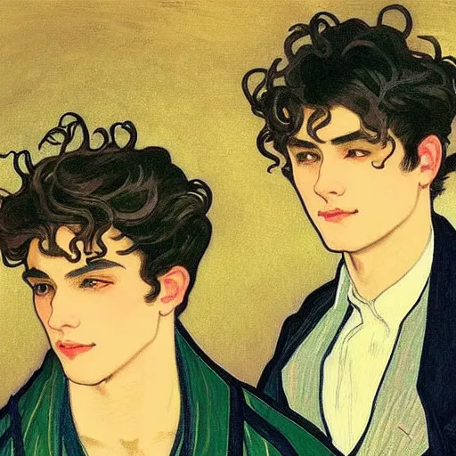 Image similar to painting of young cute handsome beautiful dark medium wavy hair man in his 2 0 s named shadow taehyung and cute handsome beautiful min - jun together at the graveyard party, ghostly, haunted graveyard, ghosts, autumn! colors, elegant, wearing suits!, clothes!, delicate facial features, art by alphonse mucha, vincent van gogh, egon schiele