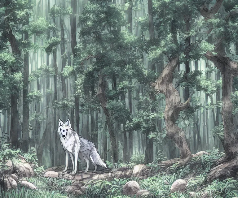 Image similar to wolf in a forest, anime fantasy illustration by tomoyuki yamasaki, kyoto studio, madhouse, ufotable, comixwave films, trending on artstation