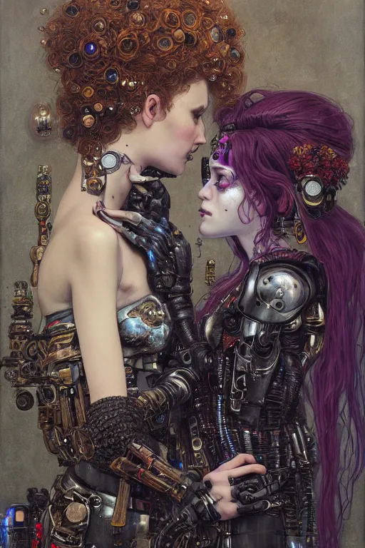 Image similar to portrait of two beautiful young gothic cyborg maidens kissing, cyberpunk, Warhammer, highly detailed, artstation, illustration, art by Gustav Klimt