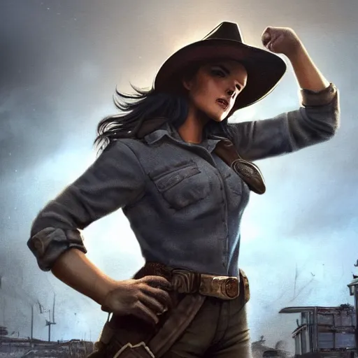 Image similar to fallout 5, charismatic beautiful, rugged, brunette female protagonist wearing a cowboy - hat, portrait, outdoors ruined cityscape, atmospheric lighting, painted, intricate, volumetric lighting, beautiful, daytime, clear weather, winter, sharp focus, deep colours, ultra detailed, by leesha hannigan, ross tran, thierry doizon, kai carpenter, ignacio fernandez rios