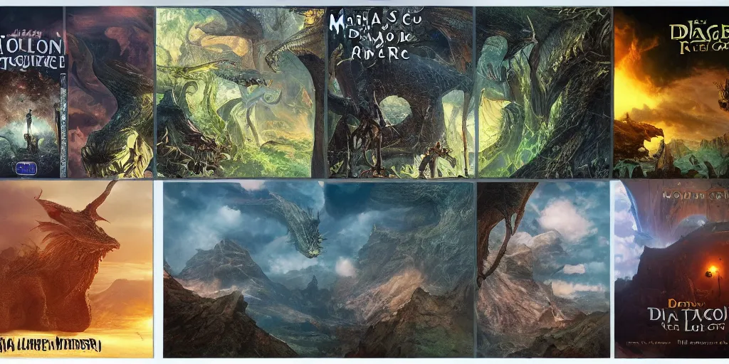 Image similar to choose your own adventure film setup, 2 large screens, incredible fantasy atmosphere by tolkien and moebius, dragons and lasers, beautifully cinematic masterpiece