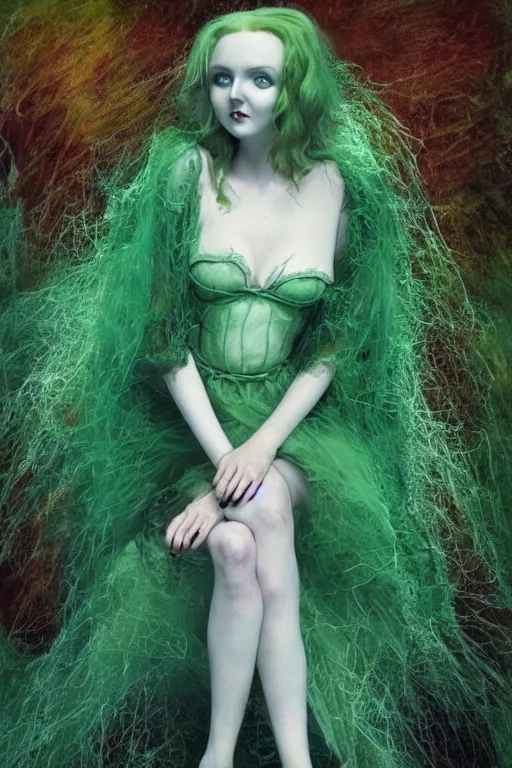 Prompt: full body portrait of lily cole as delirium from sandman, wearing a green dress and fishnet stockings by luis royo