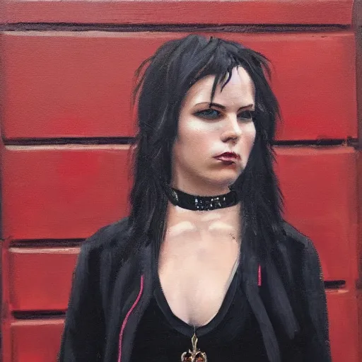 Image similar to oil painting of punk woman wearing large belt collar around neck, standing in city area, 4 k, artstation