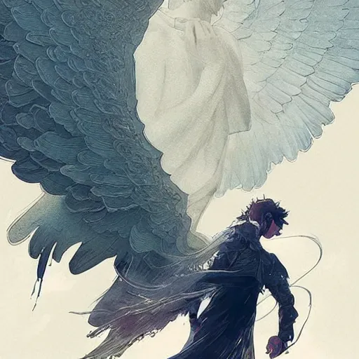 Image similar to angel protecting man, detailed intricate ink illustration, happy atmosphere, detailed illustration, hd, 4k, digital art, overdetailed art, by greg rutkowski, by loish, complementing colors, Trending on artstation, movie poster style, vector art style, Ghibli studio, studio light