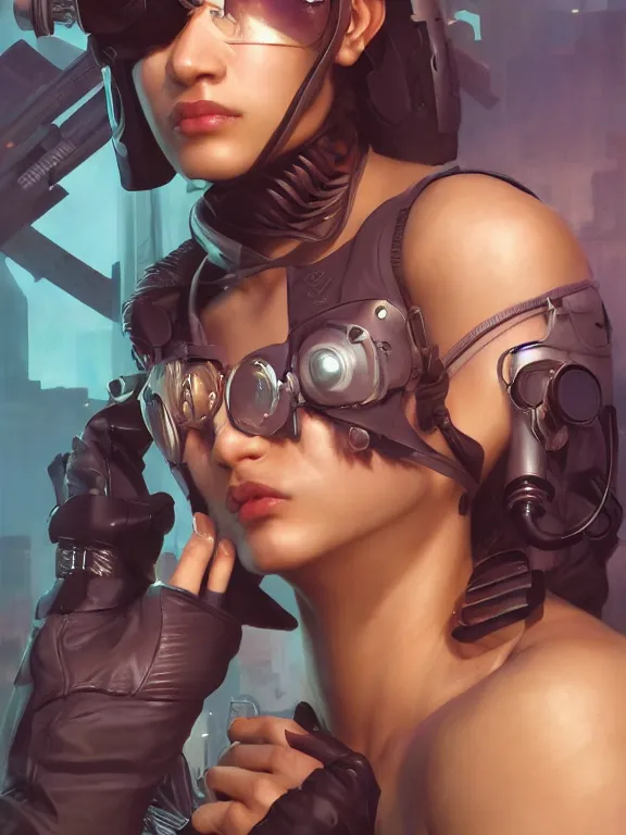 Image similar to Full shot a female cyberpunk thief brown skin. Symmetrical facial features. By Ruan Jia and Stanley Artgerm, Range Murata and WLOP and Ross Tran and William-Adolphe Bouguereau. Key Art. Fantasy Illustration. award winning, Artstation, intricate details, realistic, Hyperdetailed, 8k resolution.