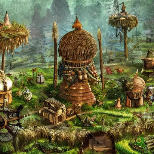 Image similar to A tribal village inside a clockwork dome, detailed and fully realized immersive dystopian verdant reclamation or natural ways, realistic, natural rusted technology