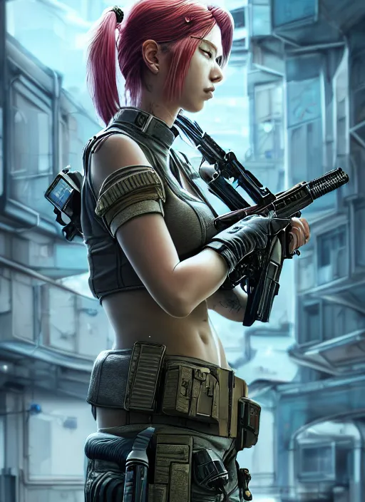 Image similar to the portrait of lawful neutral female cyberpunk marine sniper as absurdly beautiful, gorgeous, elegant, young gravure idol, an ultrafine hyperdetailed illustration by kim jung gi, irakli nadar, intricate linework, bright colors, octopath traveler, final fantasy, unreal engine 5 highly rendered, global illumination, radiant light, detailed and intricate environment