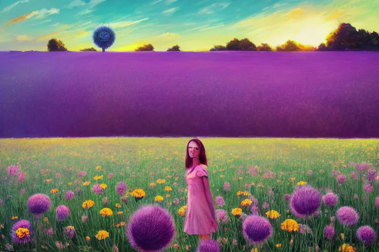 Image similar to giant thistle flower head, girl in suit in field of flowers, surreal photography, sunrise, blue sky, dramatic light, impressionist painting, digital painting, artstation, simon stalenhag