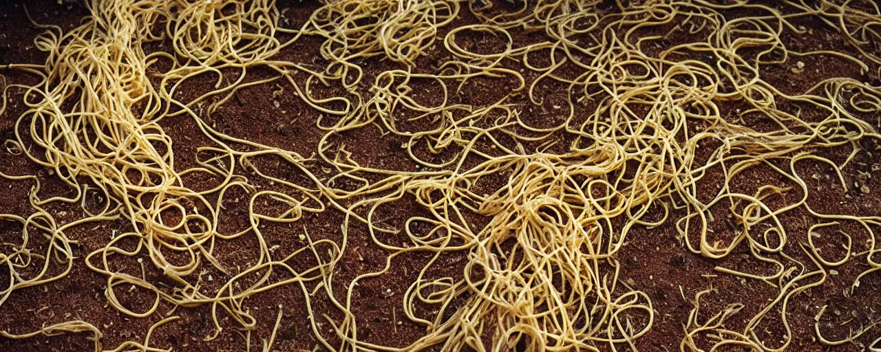 Image similar to spaghettis as mycelium, under the dirt, fine detail, canon 5 0 mm, in the style wes anderson, kodachrome