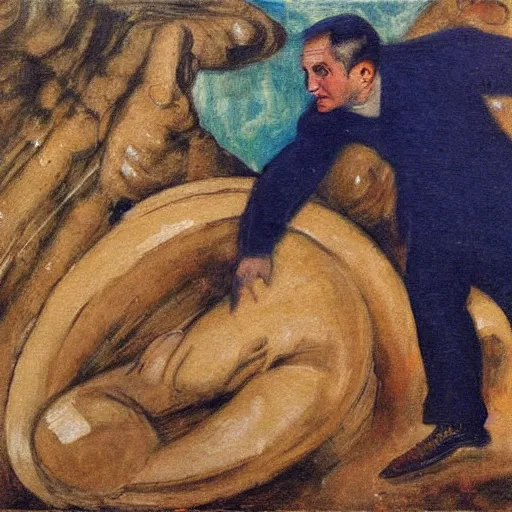 Image similar to a painting of benjamin netanyahu as sisyphus, by franz stuck