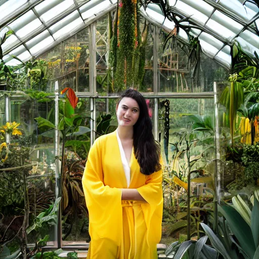 Prompt: medium photo portrait of a young european woman wearing a yellow kimono in a tropical greenhouse