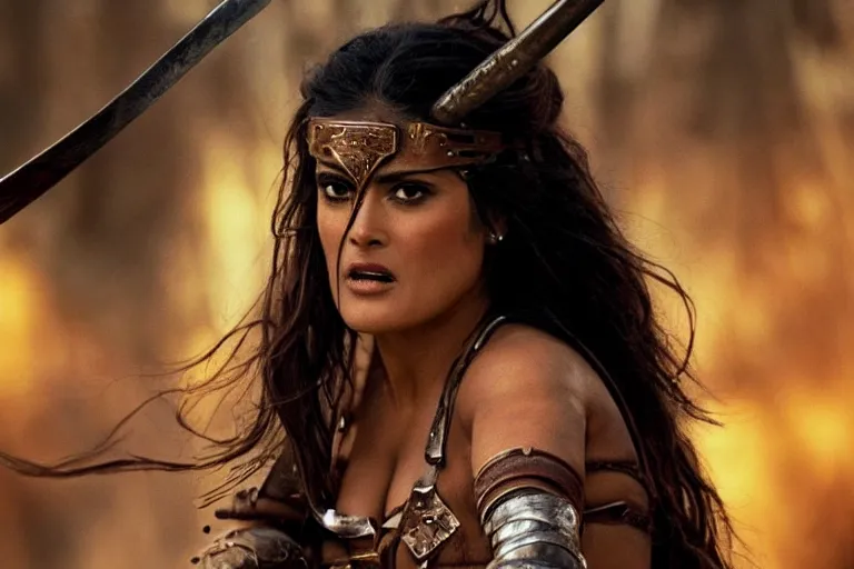 Image similar to epic photo of salma hayek as beautiful barbarian warrior princess in a battle scene, detailed eyes, neutral expression, depth of field, photorealistic, cinematic lighting, lovely bokeh, warm colours, dusk, movie quality