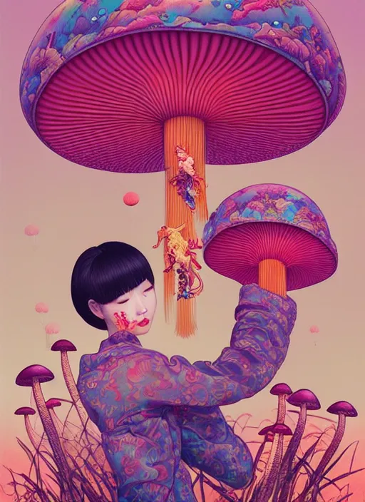 Image similar to pretty chinese girl holds hallucination mushroom : : by martine johanna and simon stalenhag and chie yoshii and casey weldon and wlop : : ornate, dynamic, particulate, rich colors, intricate, elegant, highly detailed, centered, artstation, smooth, sharp focus, octane render, 8 k