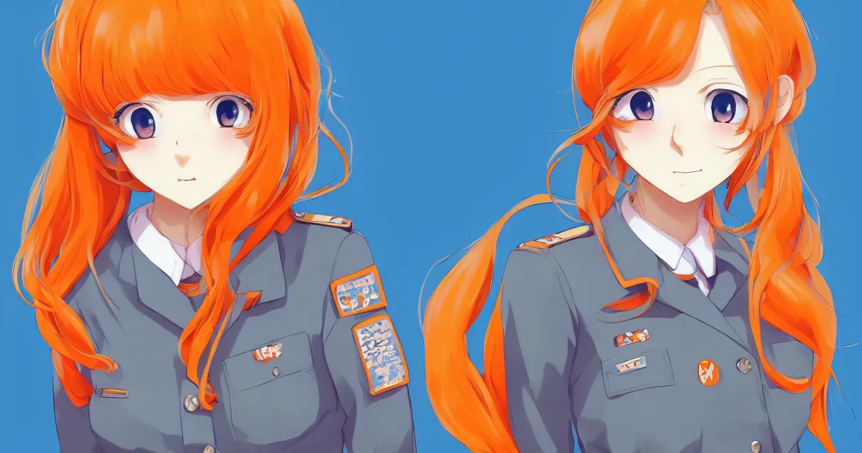 Image similar to very beautiful young anime girl with orange hair, dressed in soviet pioneer uniform, full body, long wavy blonde hair, sky blue eyes, full round face, bikini, miniskirt, front view, middle, highly detailed, colored manga drawing by wlop popular on artstation